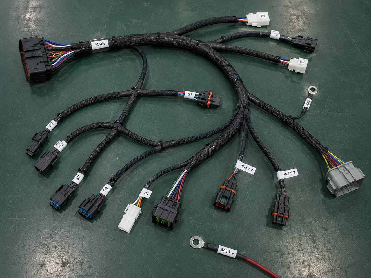 A completed cable harness with moulded connectors, labelled and laid out flat