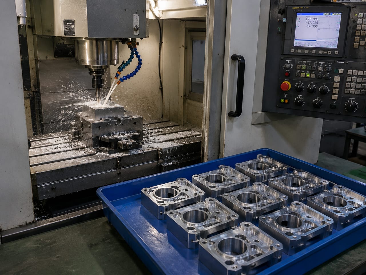 A CNC machining centre cutting a part under coolant, with finished parts in a tray alongside