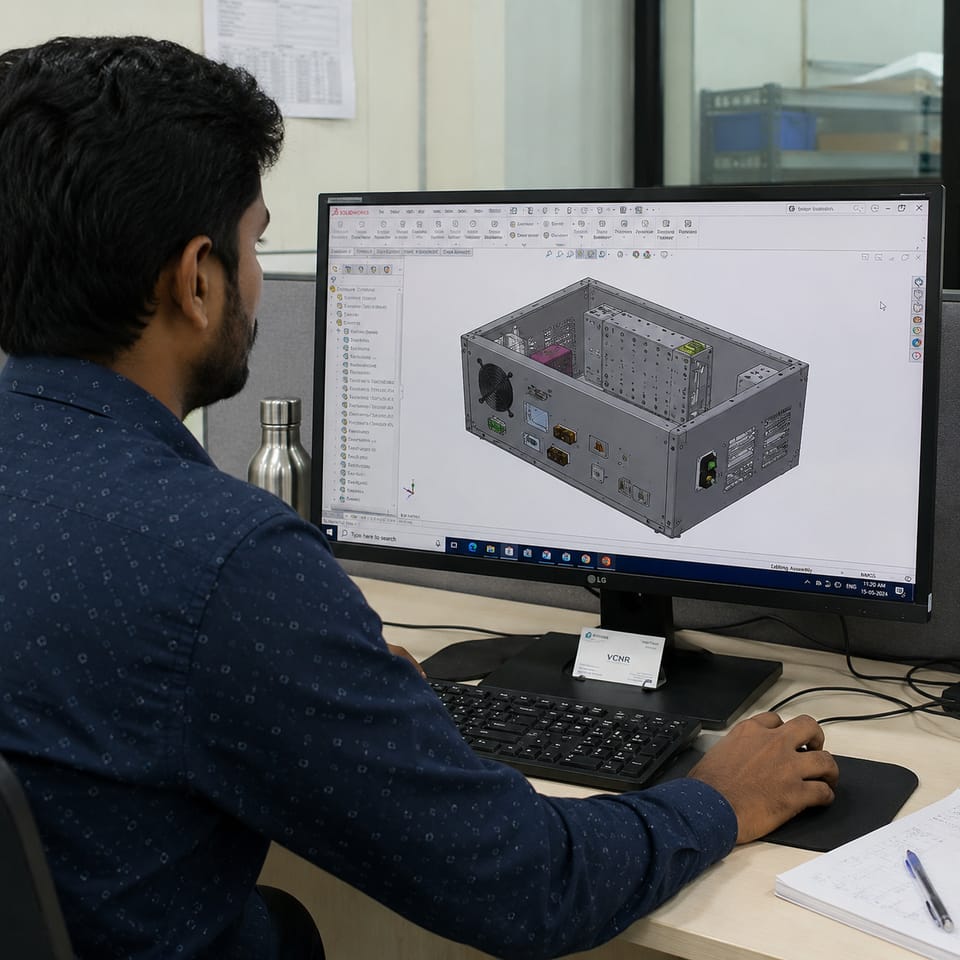 An engineer modelling an enclosure in CAD at a design workstation