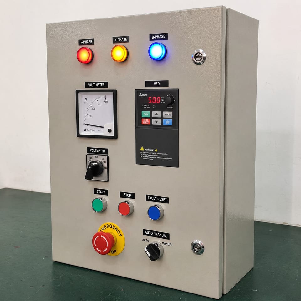 A completed control enclosure with metering, indicator lamps and emergency stop
