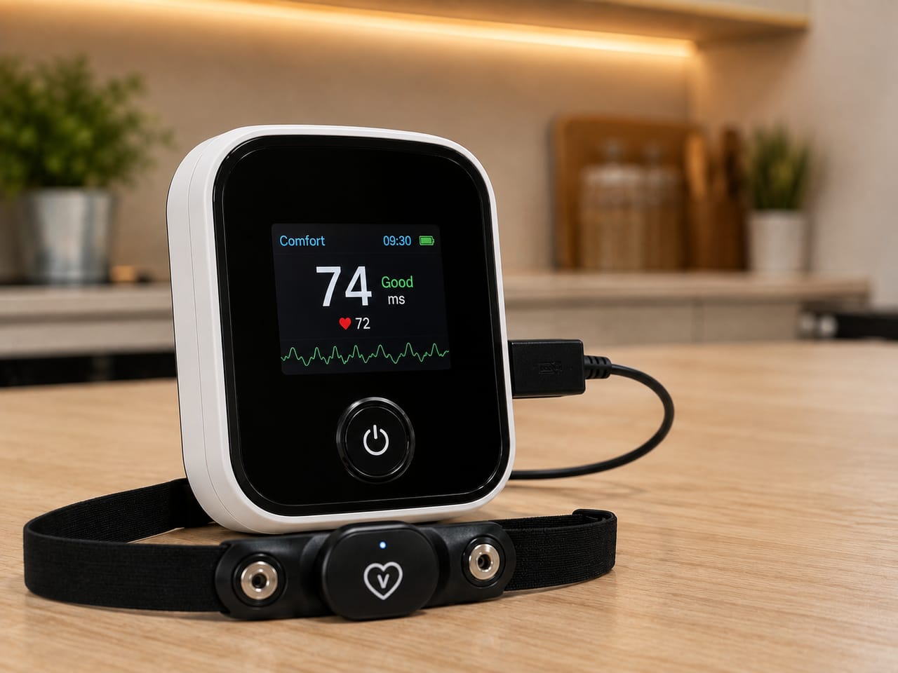 A consumer monitoring device with a colour display, shown on a desk