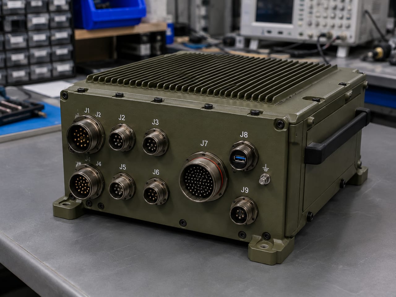 A ruggedised defence enclosure fitted with circular military connectors