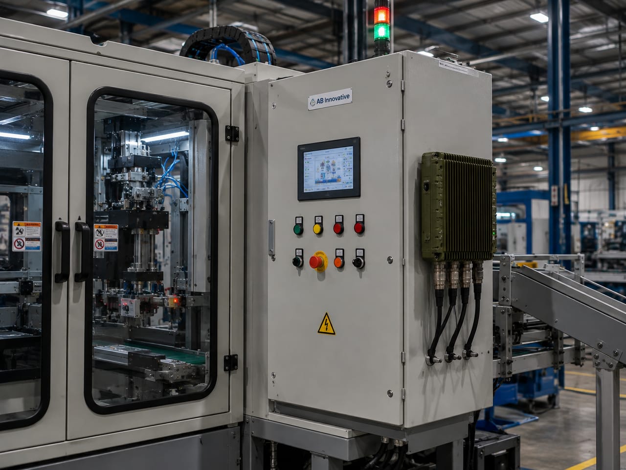 An industrial control cabinet installed alongside production machinery