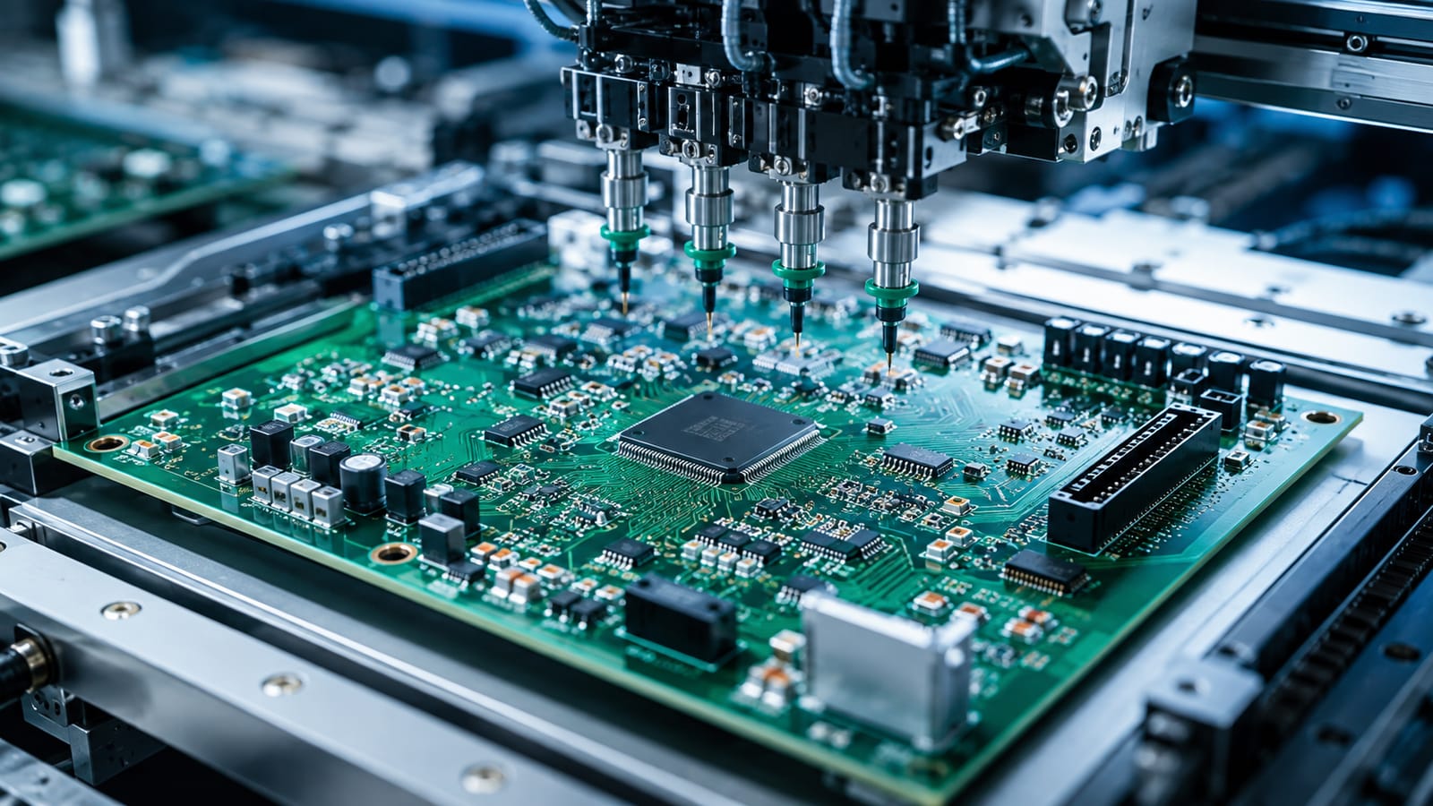 Close-up of a populated circuit board on the surface-mount line, with the placement head above it