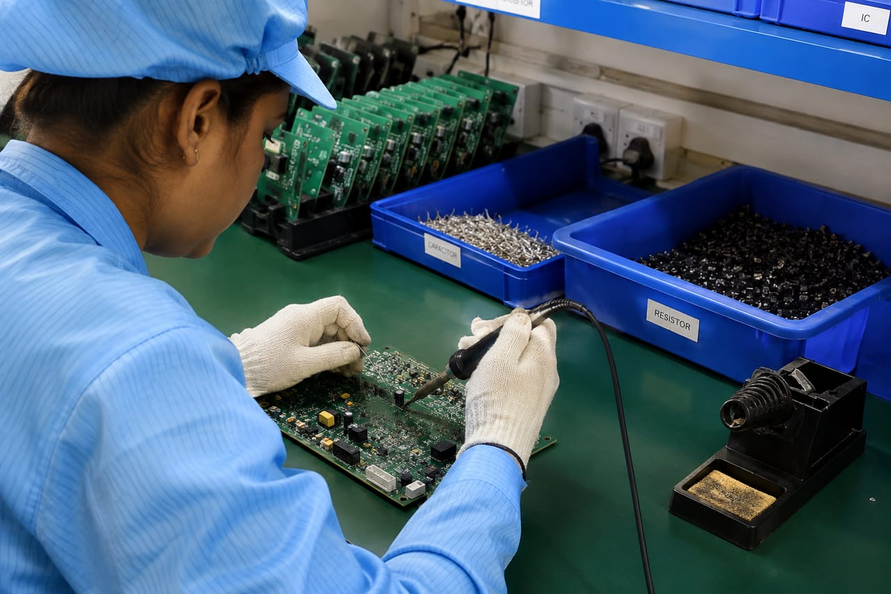 An operator in ESD clothing working on populated circuit boards at the assembly bench