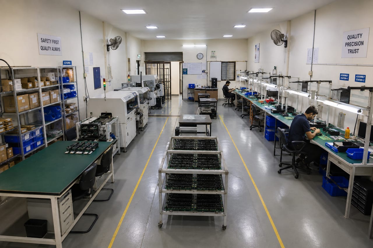 The production floor at our Bangalore facility, lined with assembly benches