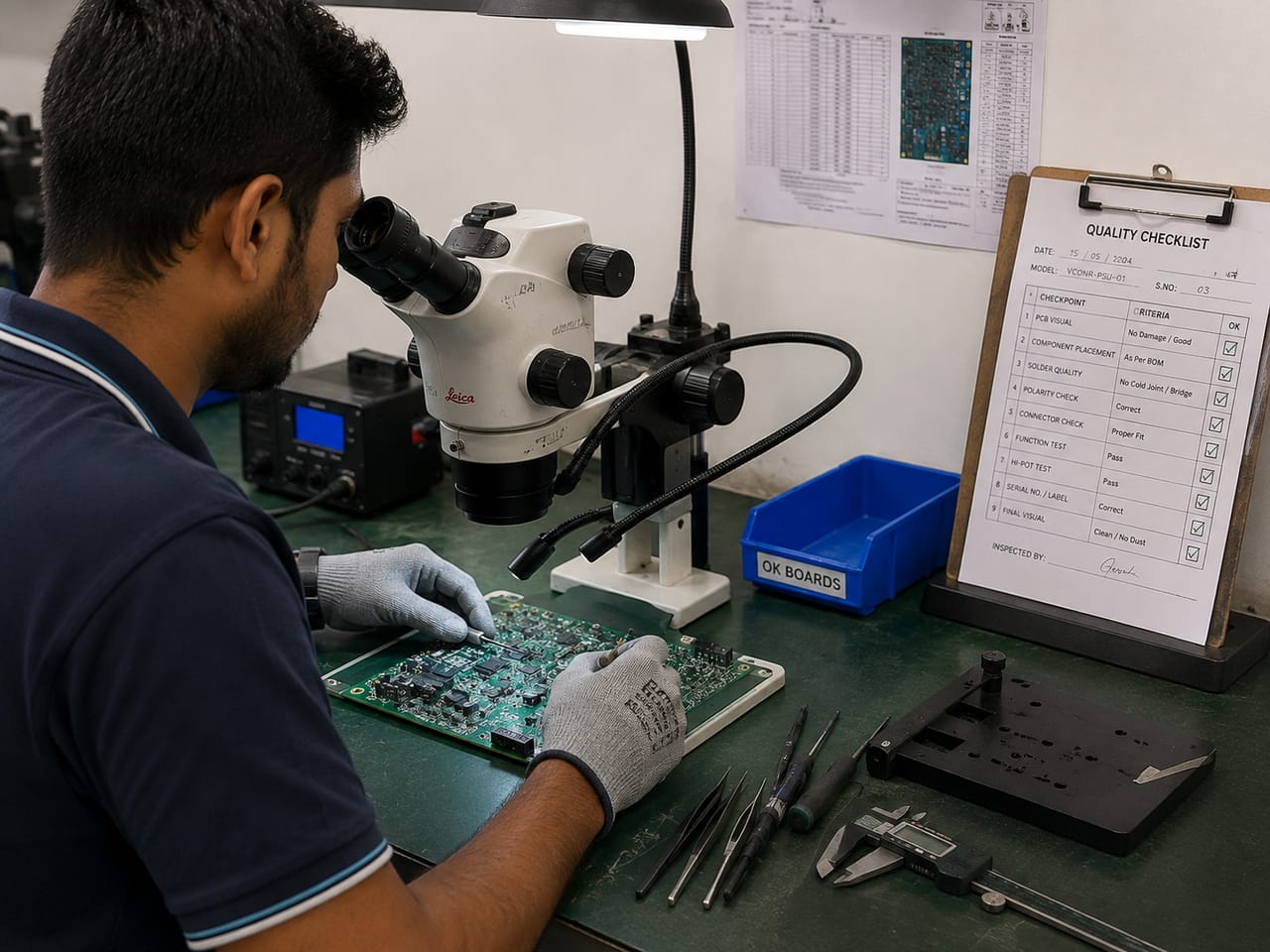 An inspector examining a circuit board under a stereo microscope beside a quality checklist