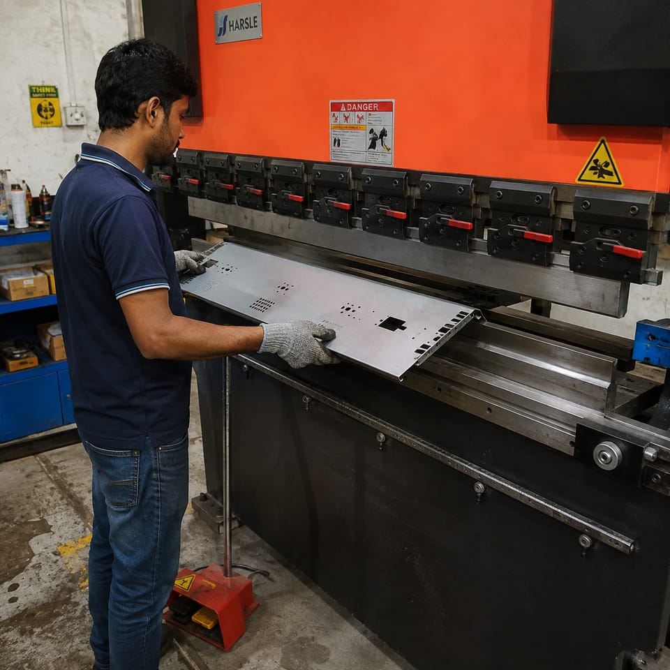 An operator forming a steel panel on the press brake in our sheet metal shop