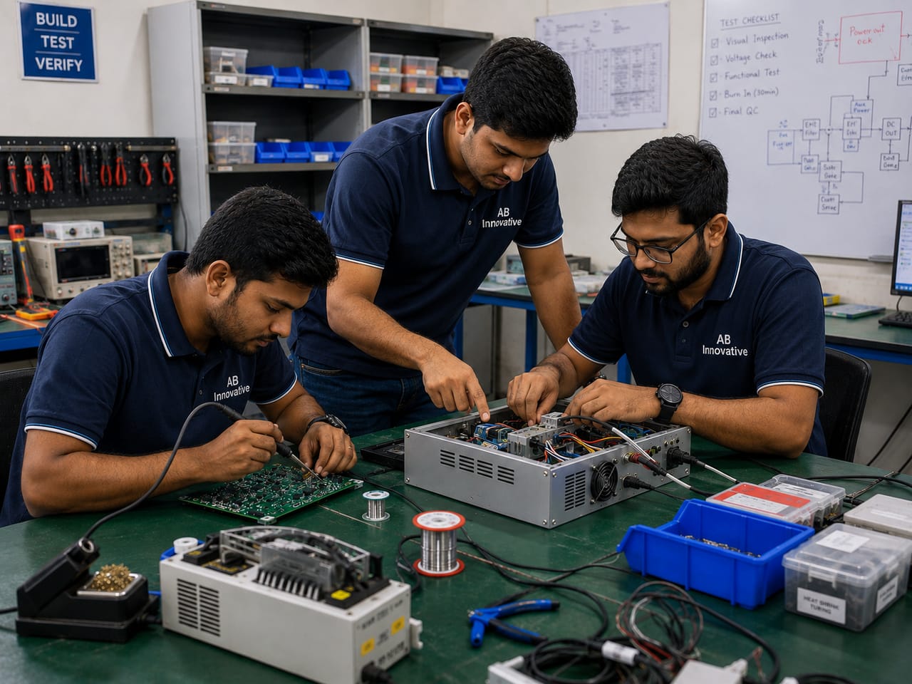 Three AB Innovative engineers working together over an assembly at the bench