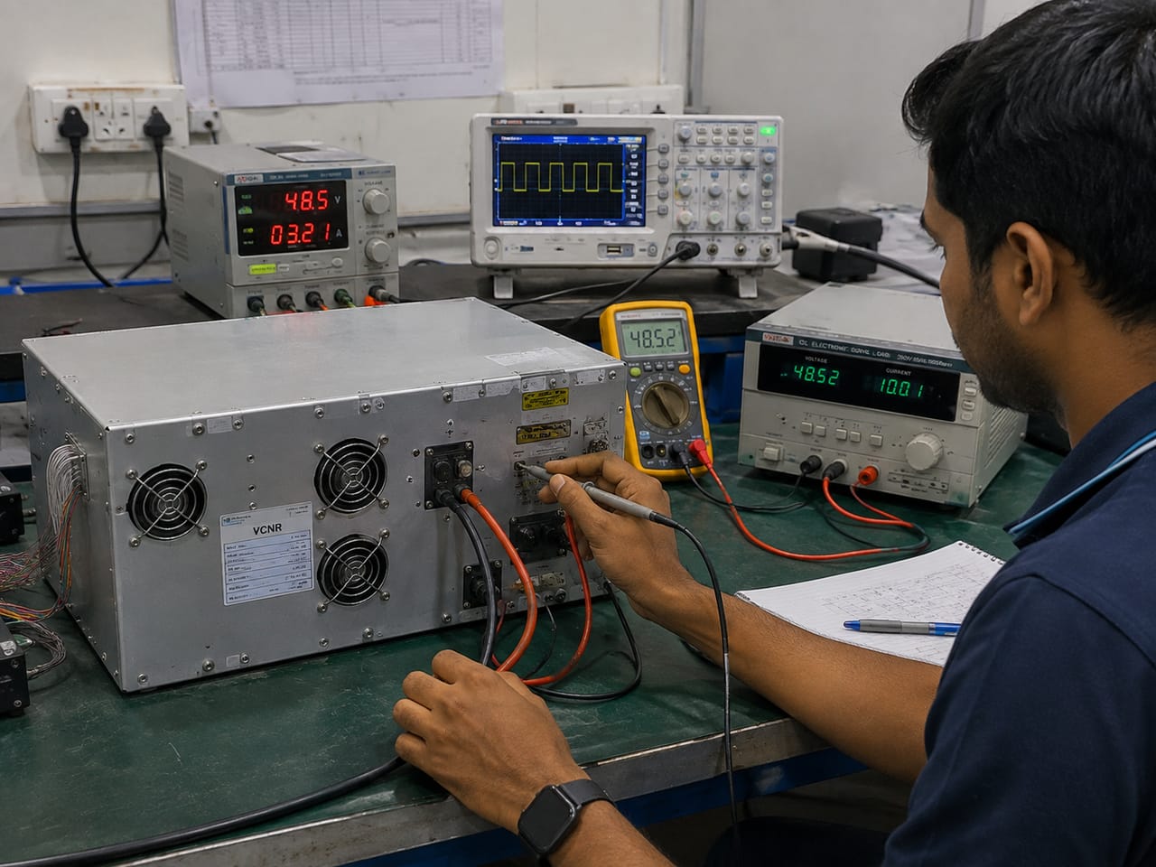 An engineer measuring a power unit under test with a multimeter and oscilloscope